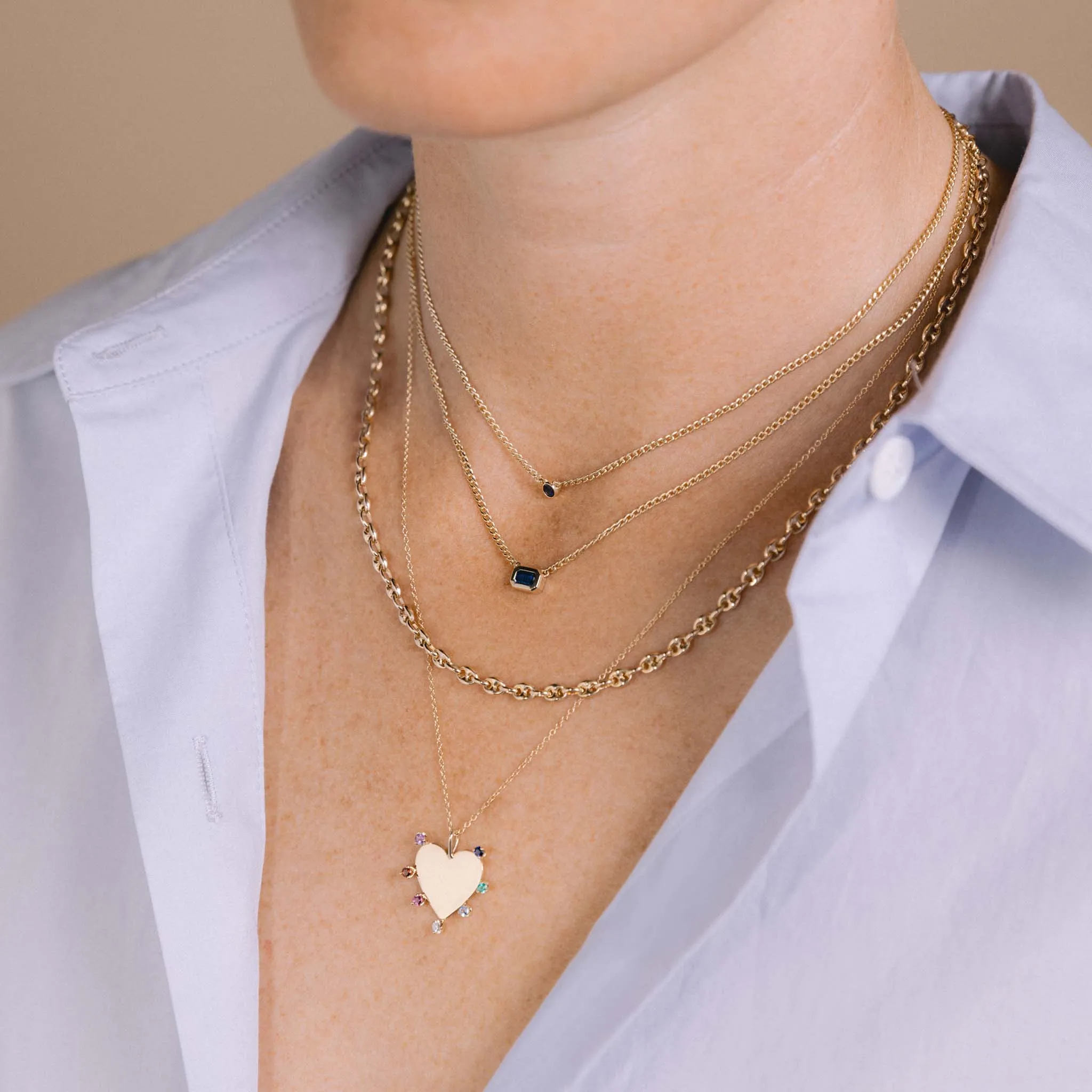 14k Blue Sapphire Bezel XS Curb Chain Necklace