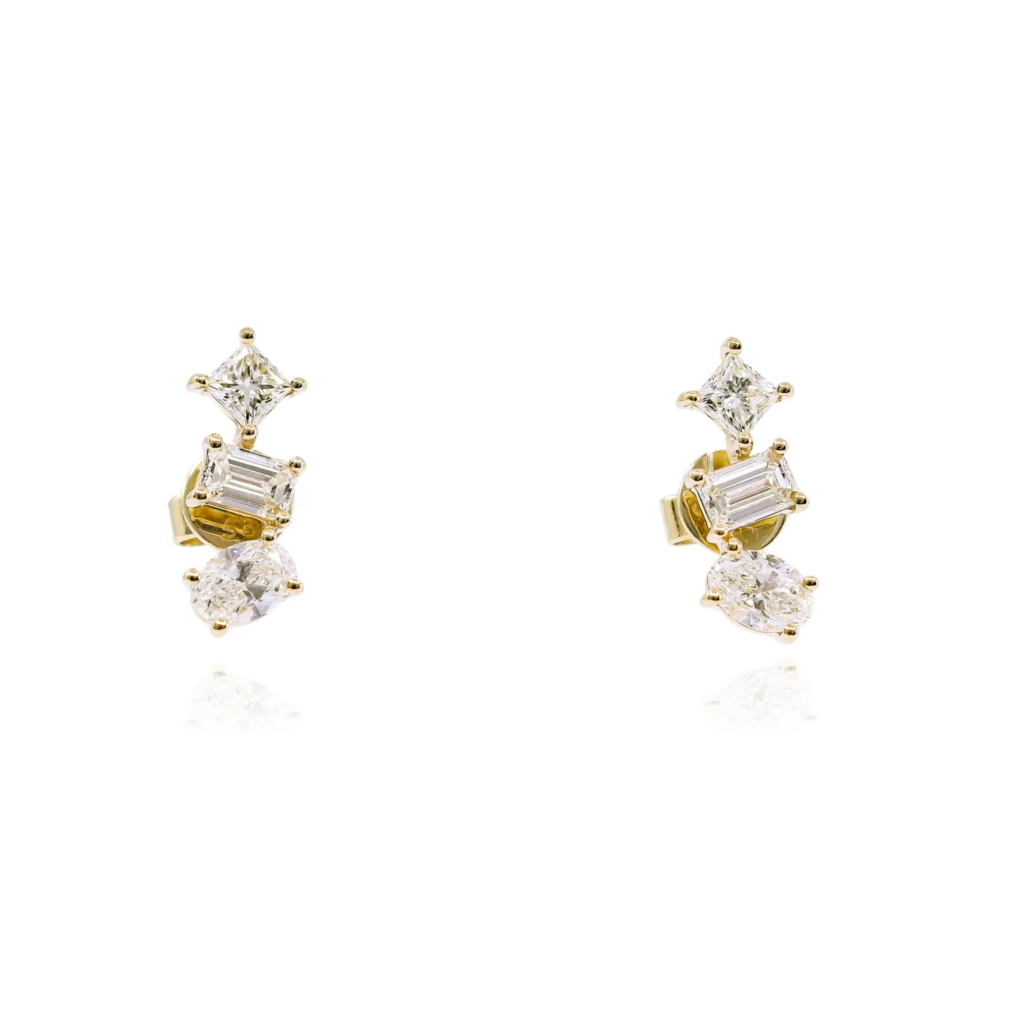 14K YELLOW GOLD DIAMOND MIXED CUT STUD EARRINGS - 1.48CTW