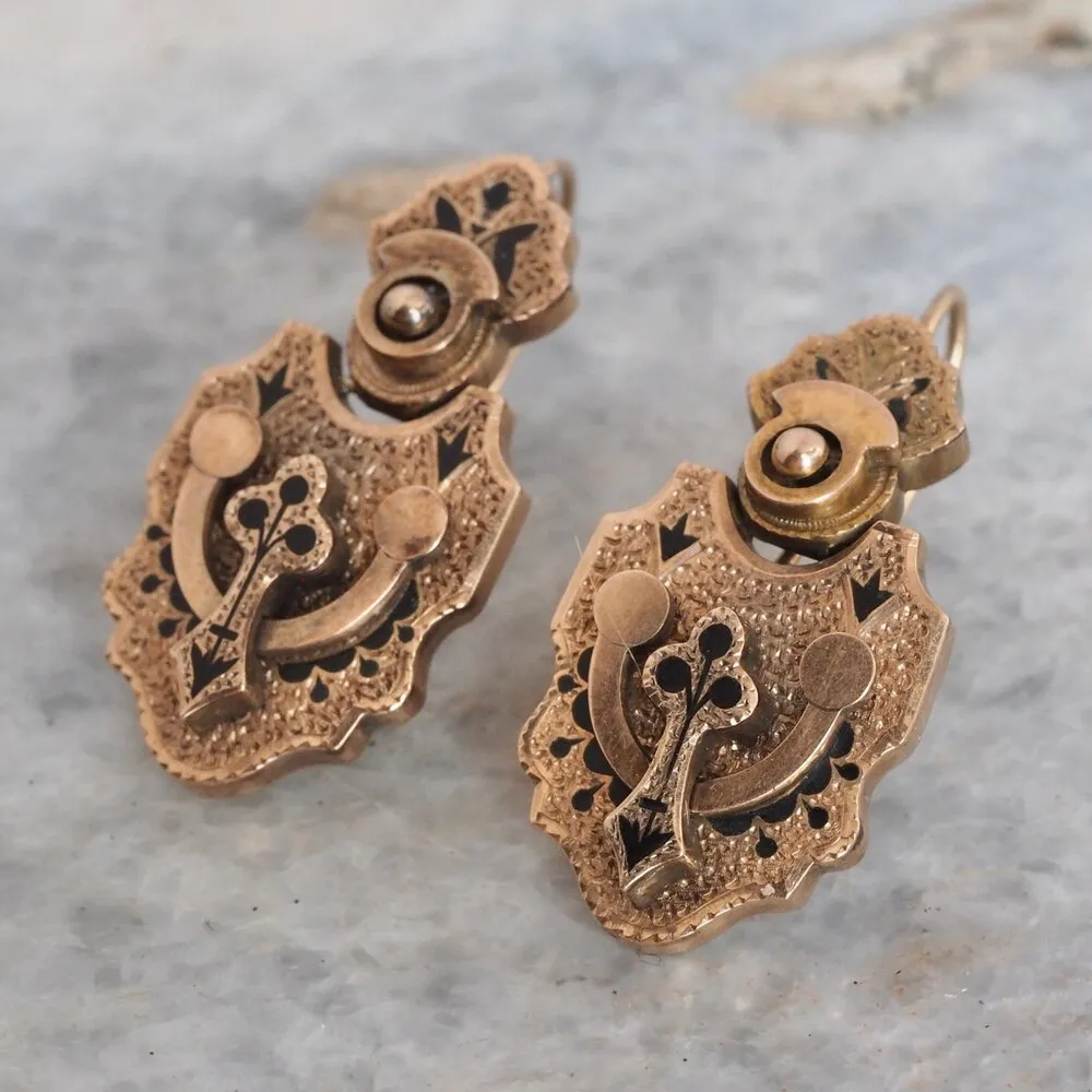 Antique Victorian 14k Gold and Enamel Taille d'Epargne Earrings