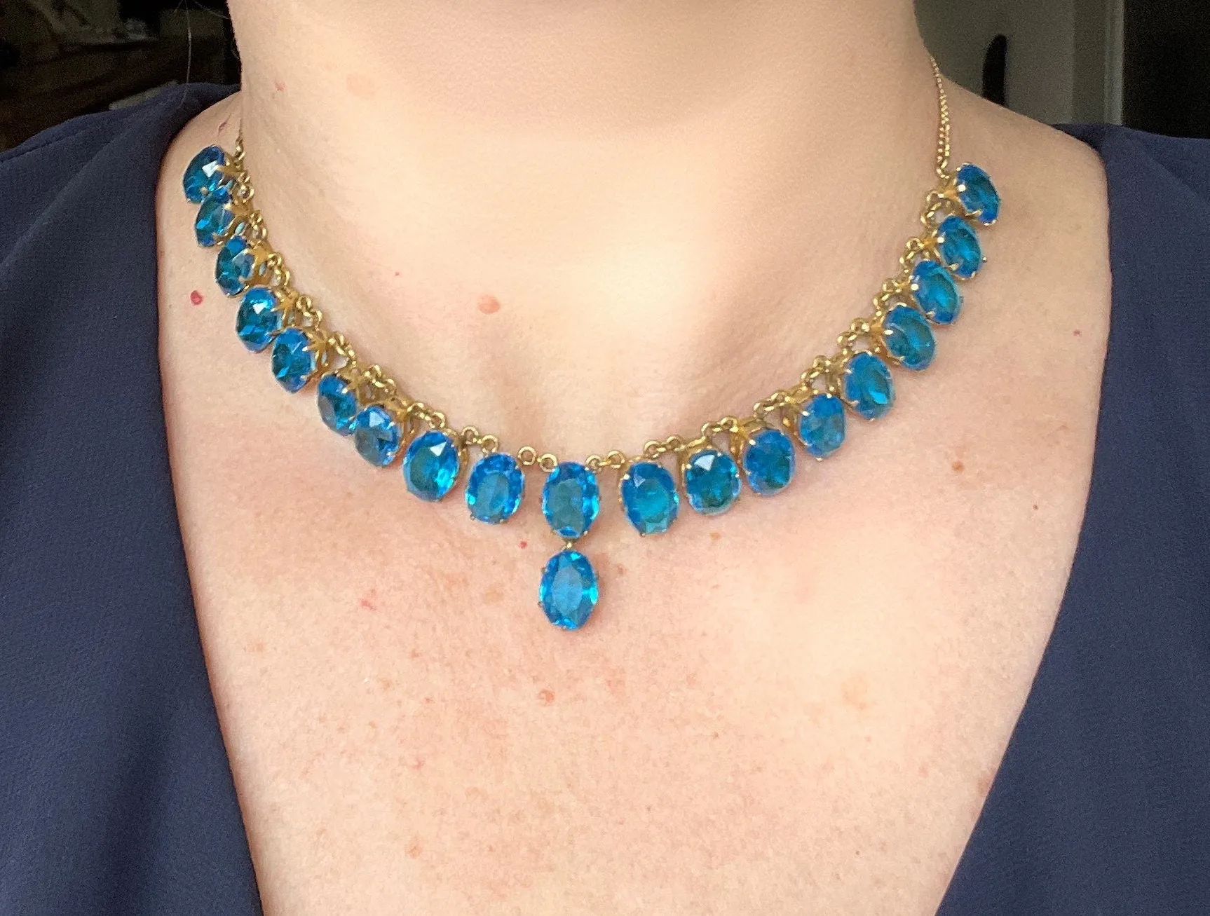 Antique Victorian bright sapphire blue paste riviere Y necklace, open backed large stones
