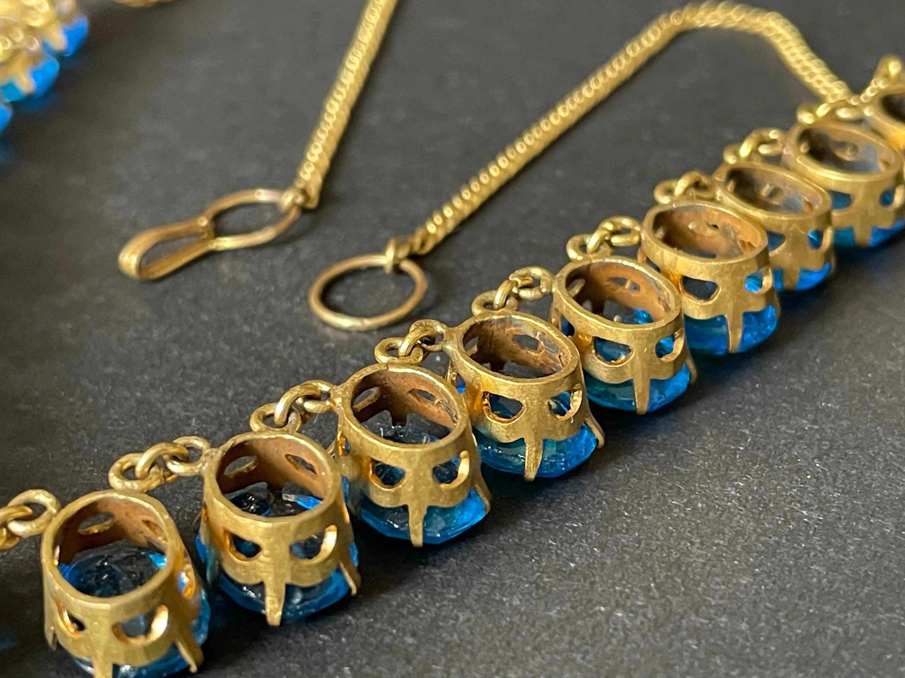 Antique Victorian bright sapphire blue paste riviere Y necklace, open backed large stones