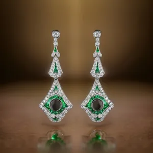 Art Deco Reproduction Aristocrat Emerald and Diamond Semi Mount Dangle Earrings 10659