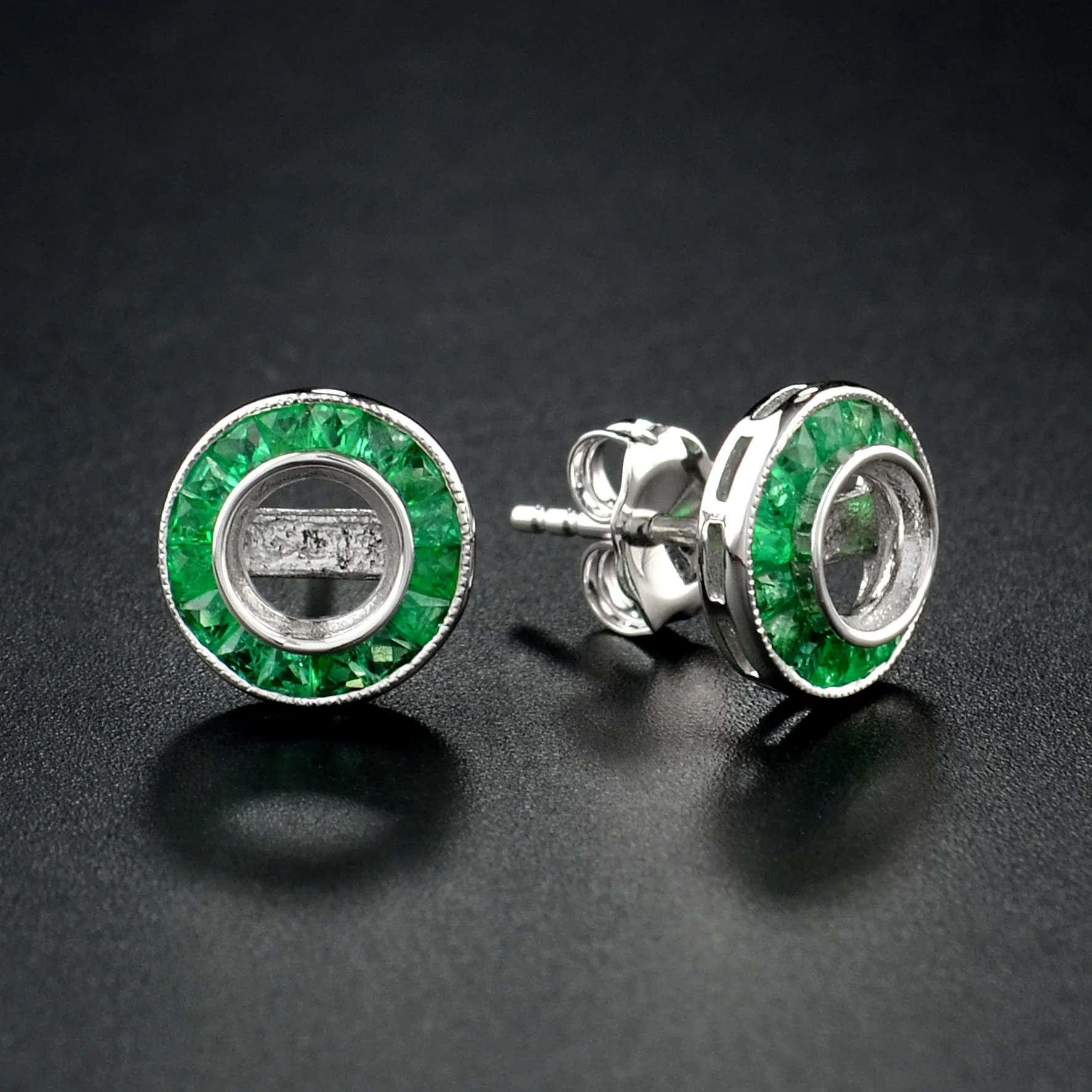 Art Deco Reproduction Aristocrat French Cut Emerald Earring Semi Mount Center Holds 6.5mm Round Brilliant Diamond 11020