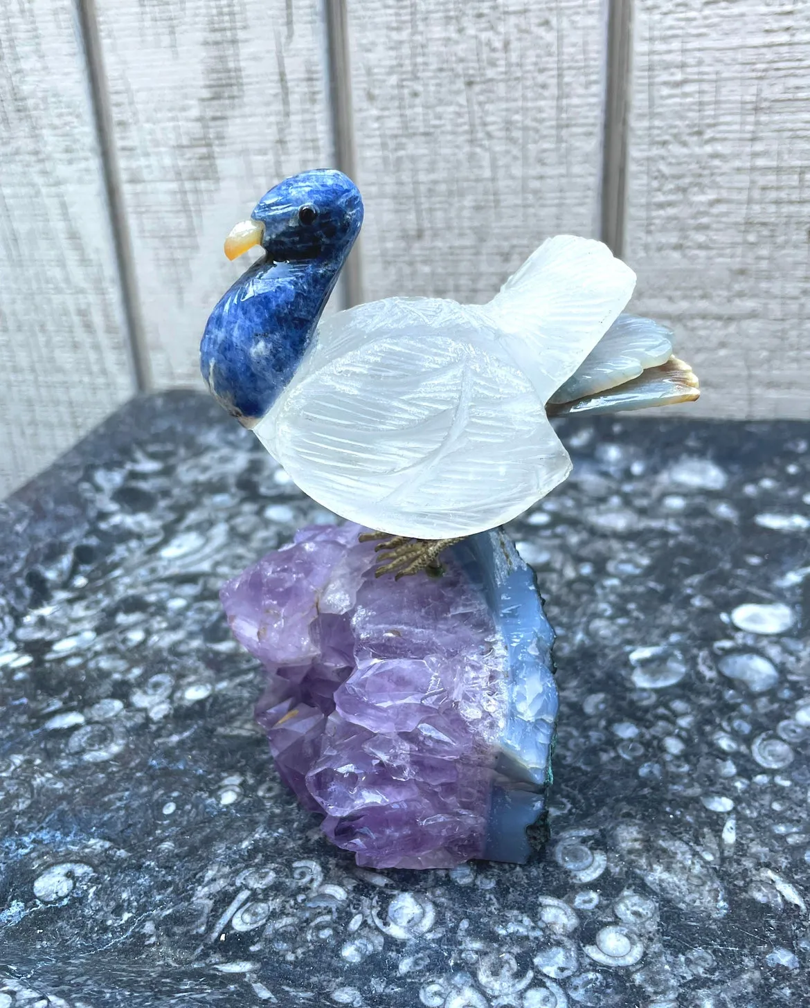Artisan Natural Amethyst Carved Lapis Lazuli Stone Gem Quartz Brass Bird Art