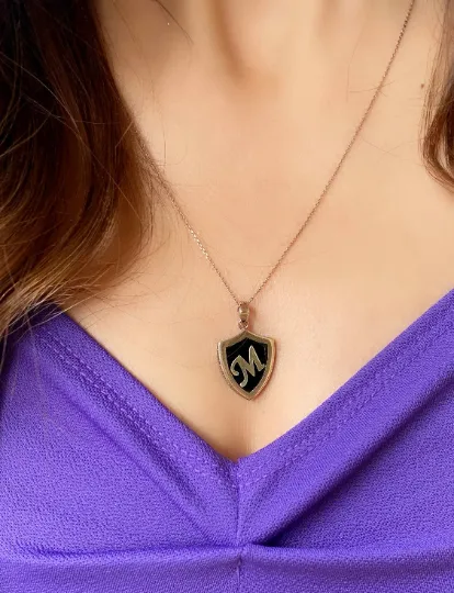 Black Enamel Initial Necklace
