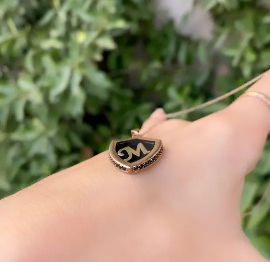 Black Enamel Initial Necklace