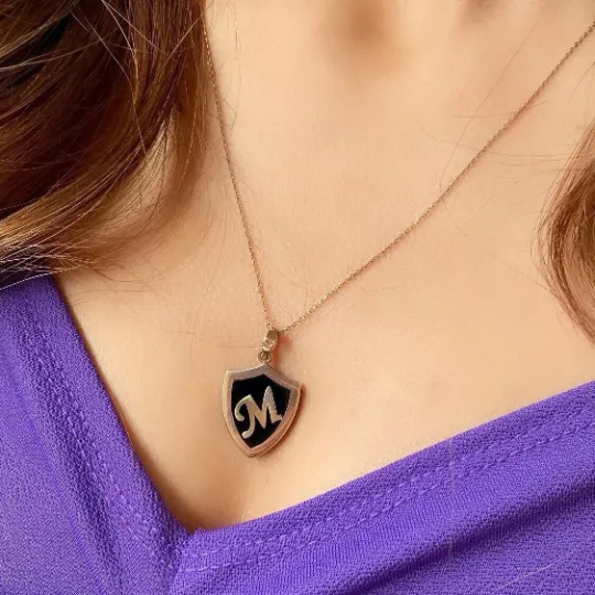 Black Enamel Initial Necklace