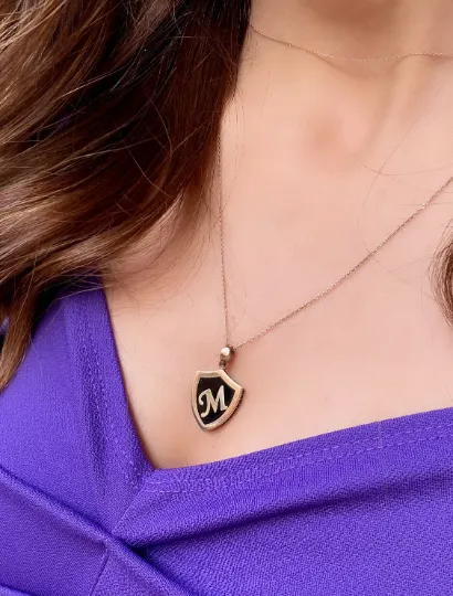 Black Enamel Initial Necklace