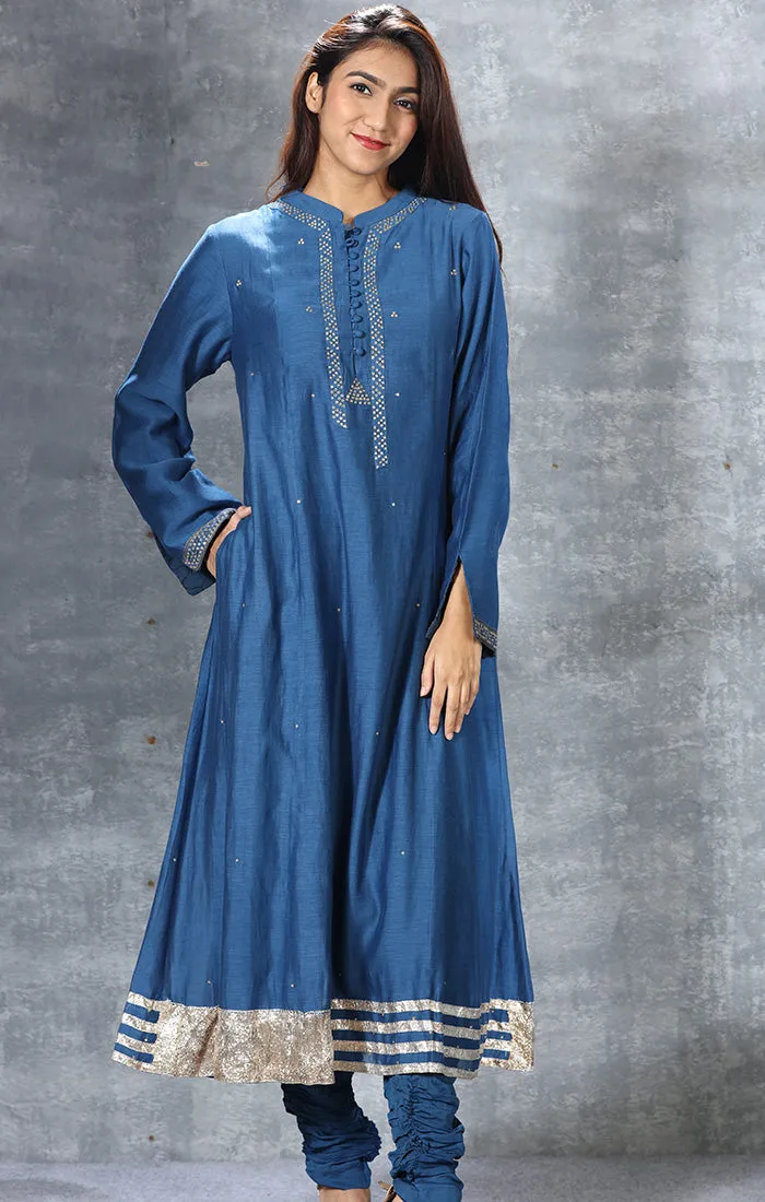Chanderi Kurta with Gota Patti and mirror work - Lapis Lazuli Blue