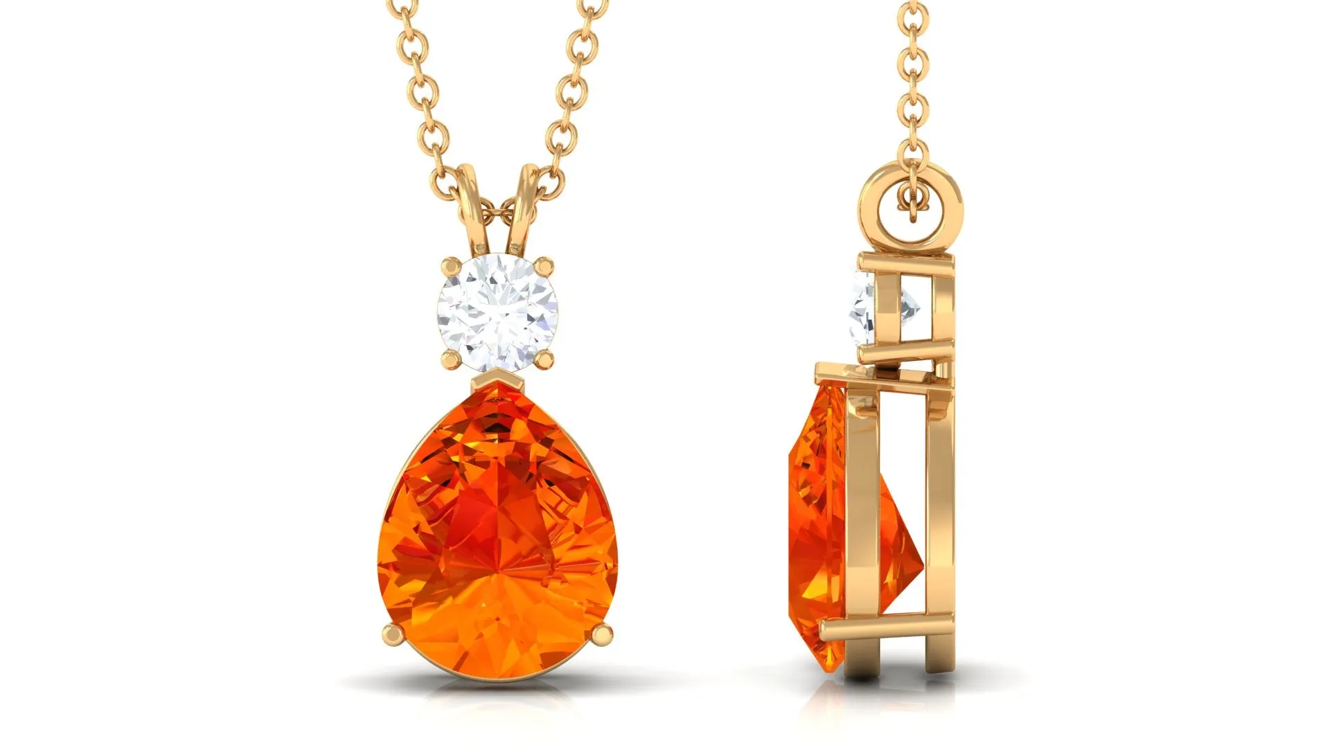 Created Orange Sapphire Teardrop Pendant Necklace with Moissanite