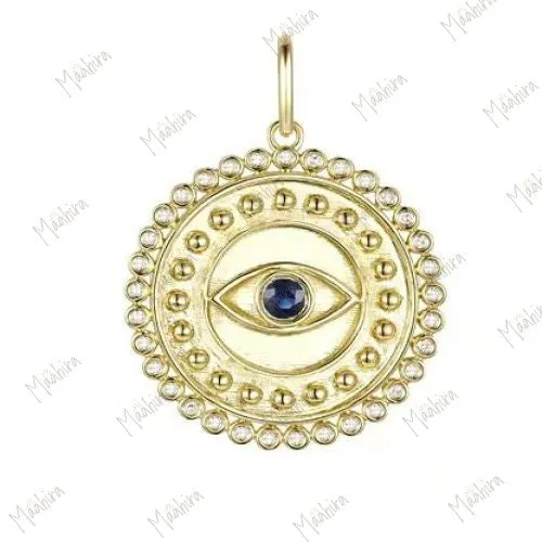 Diamond & Blue Sapphire Round Evil Eye Pendant 22mm