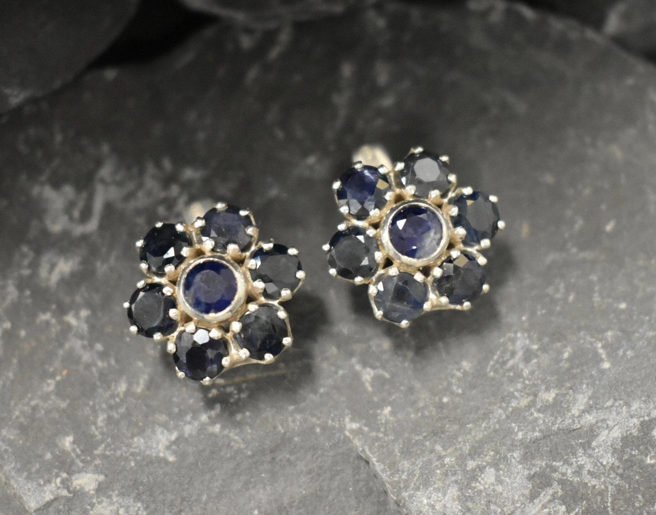 Genuine Sapphire Earrings - Blue Flower Earrings - Large Floral Studs