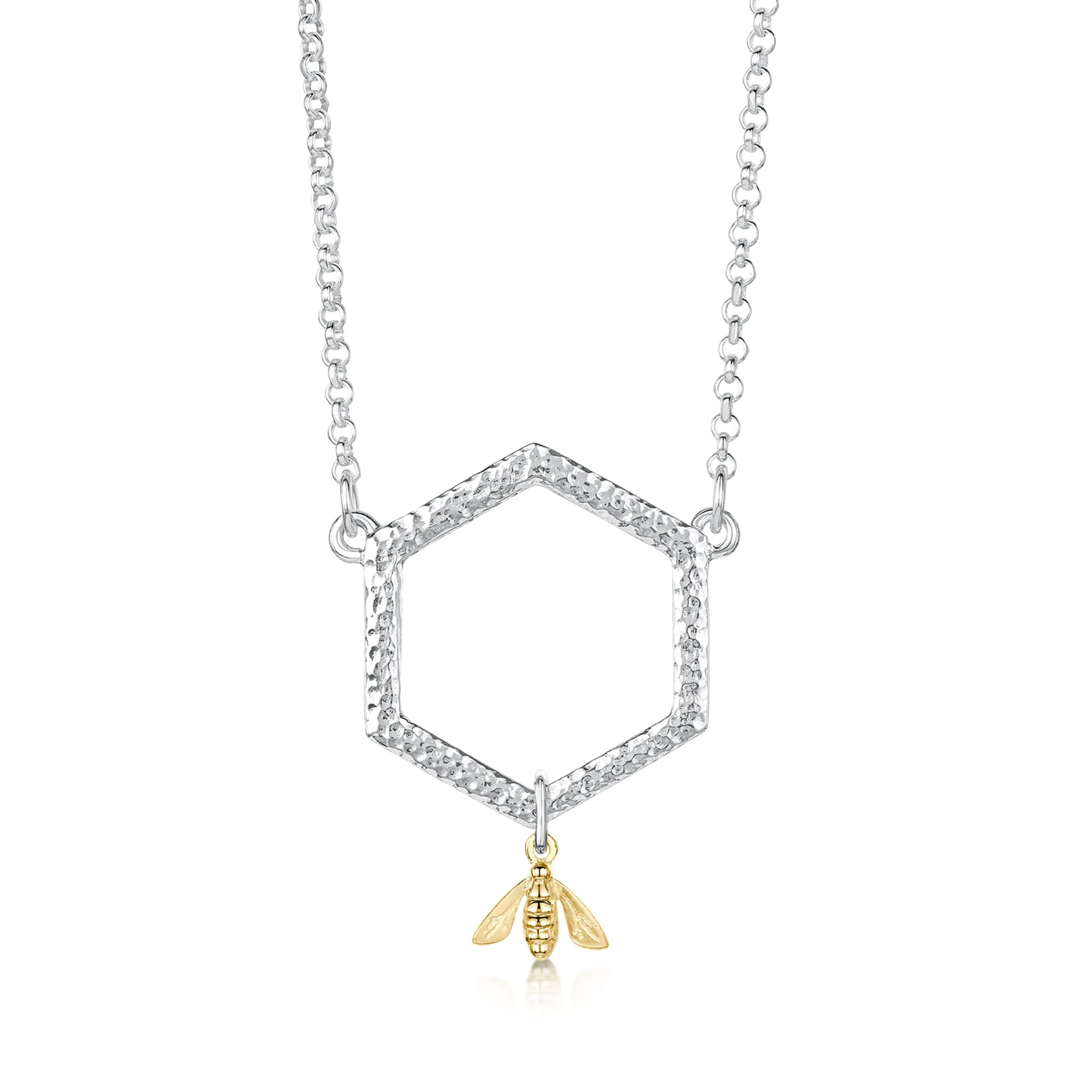 Honeycomb Silver Necklace with 9ct Yellow Gold Bee