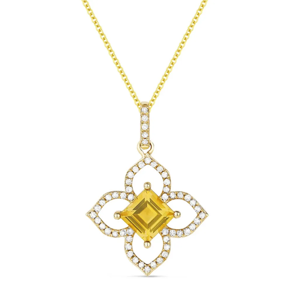 LaViano Fashion 14K Yellow Gold Citrine and Diamond Flower Pendant Necklace