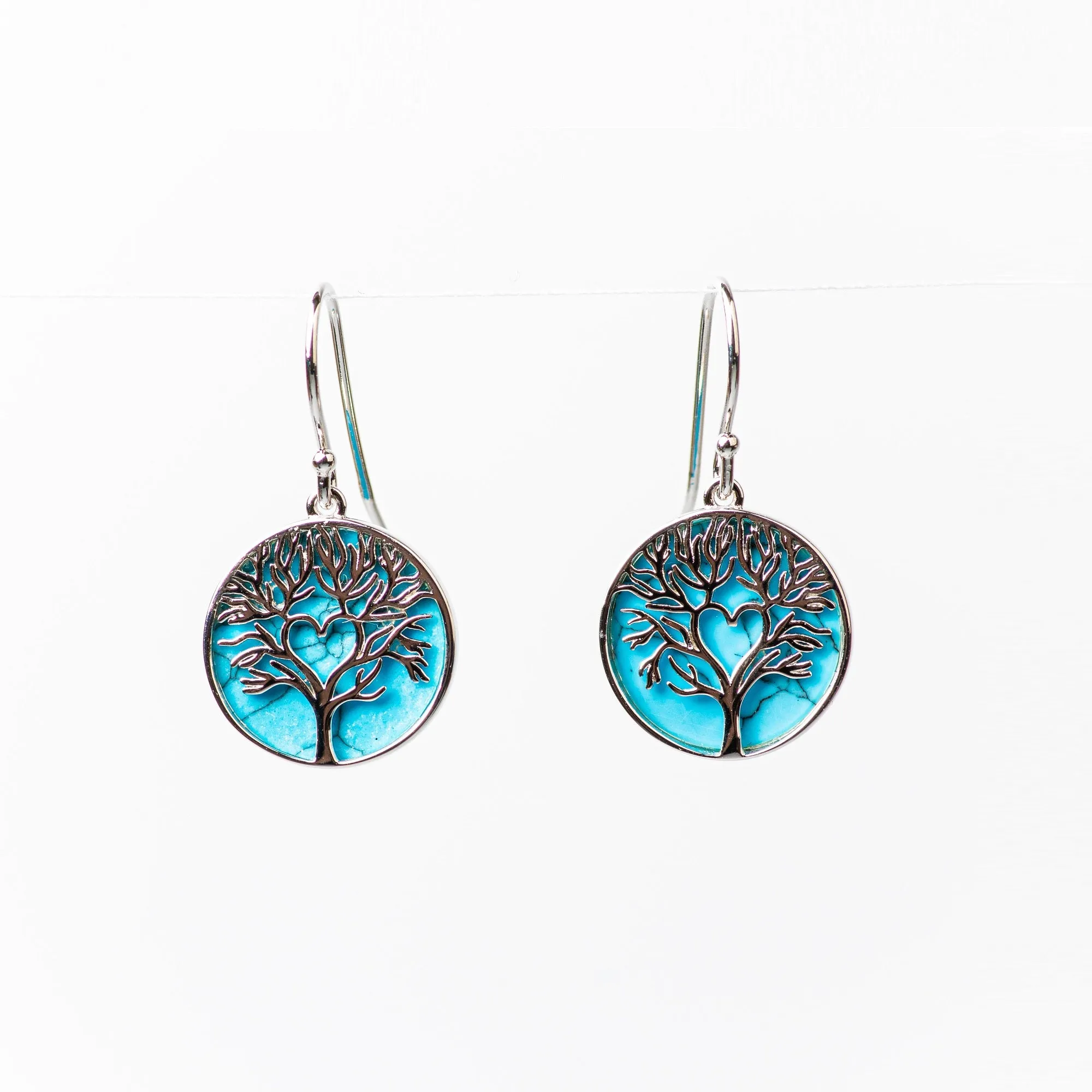 MILENA Drop Earrings Silver and Turquoise Tree of Life with Entangled Heart