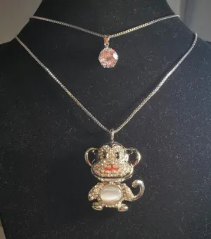 N1234 Silver Moonstone Rhinestone Monkey Necklace with FREE Earrings