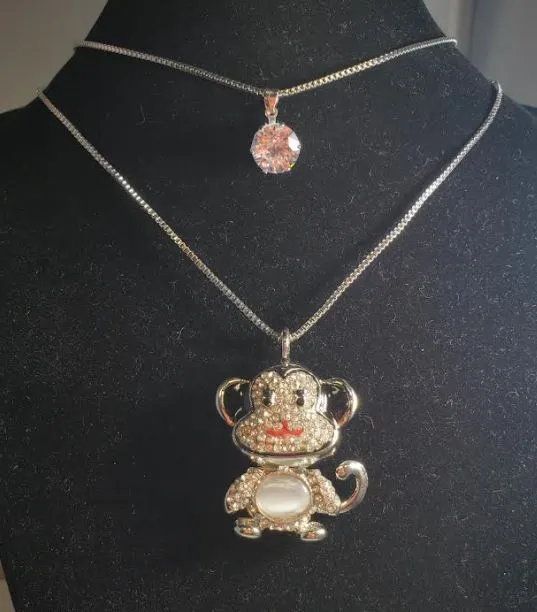 N1234 Silver Moonstone Rhinestone Monkey Necklace with FREE Earrings