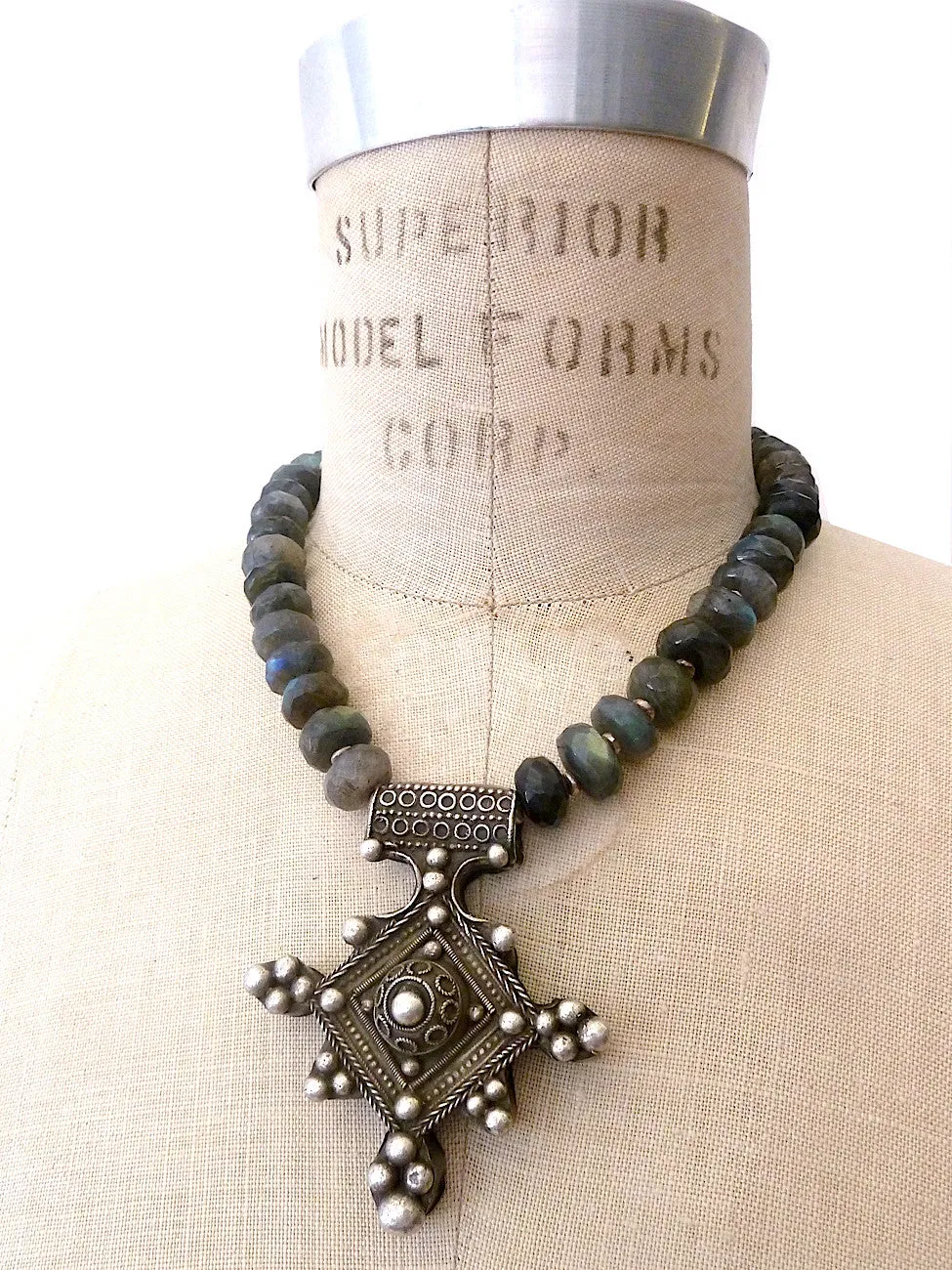 Necklace Labradorite Vintage African Silver Medallion