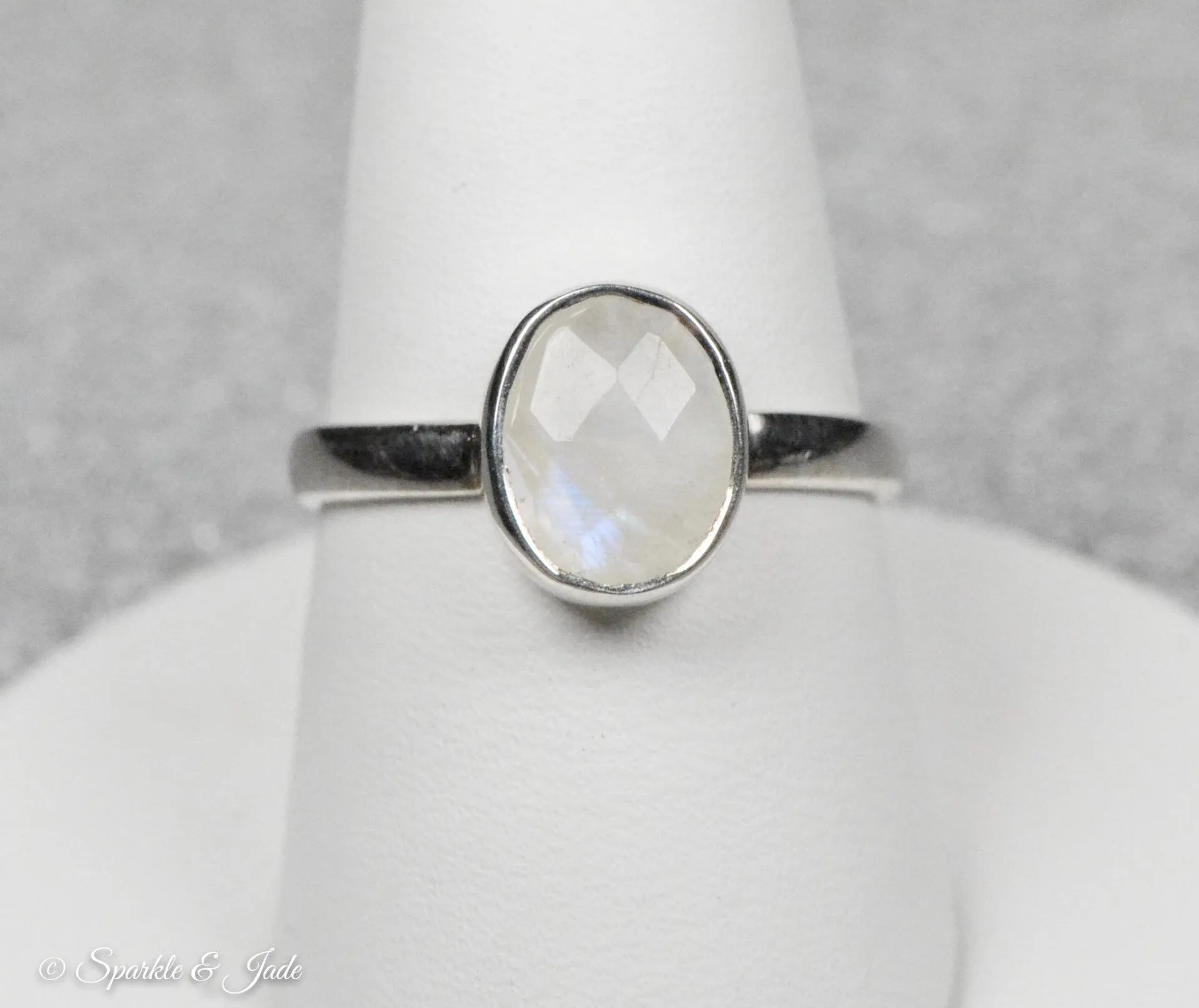 Sterling Silver Rainbow Moonstone Stackable Bezel Oval Ring