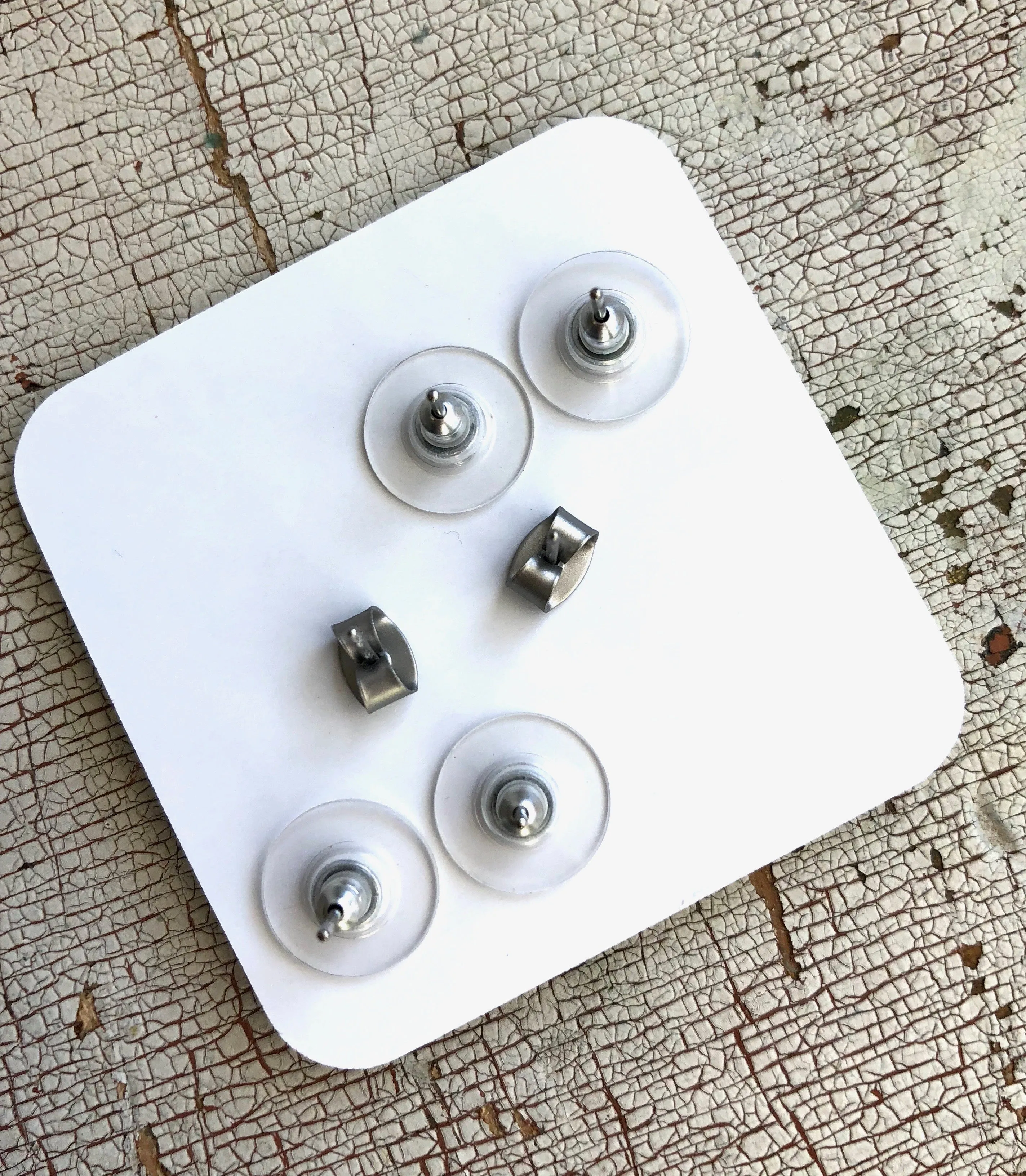 Tiny Emerald Blue & Frosted Silver Triangle Geo Stud Earrings Set